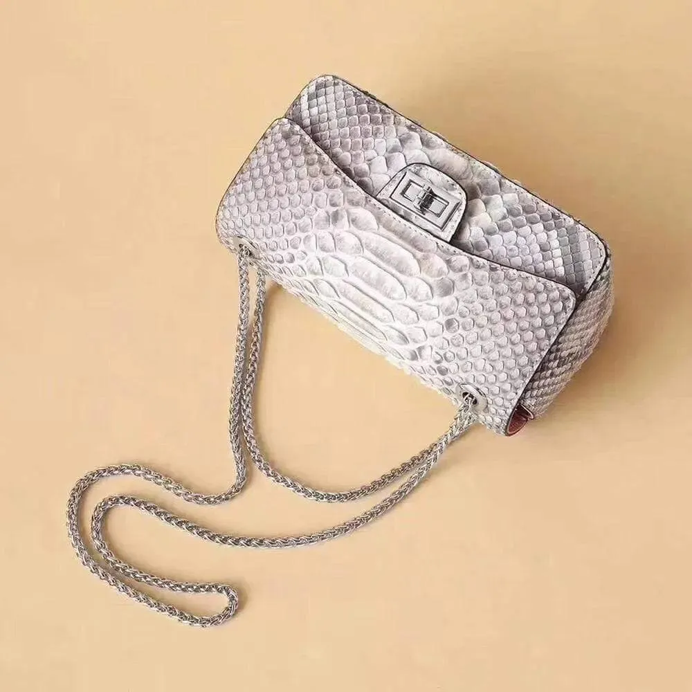 Classic Chain Double Flap Women's Genuine Python Leather Crossbody Shoulder Bag Grey