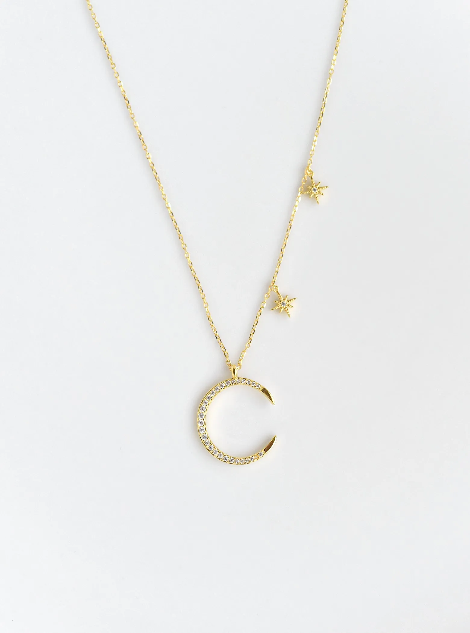 Crescent Moon with 2 Dangling Stars Necklace