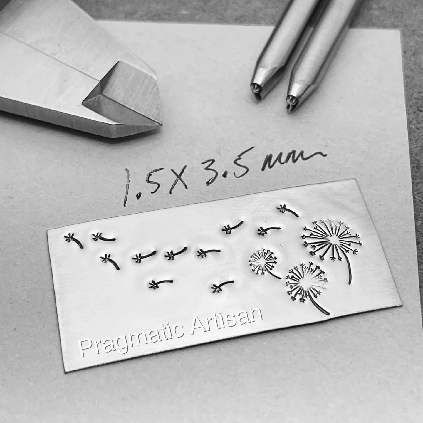 Fluffs! Individual Dandelion Seeds. Metal Hand Stamps.