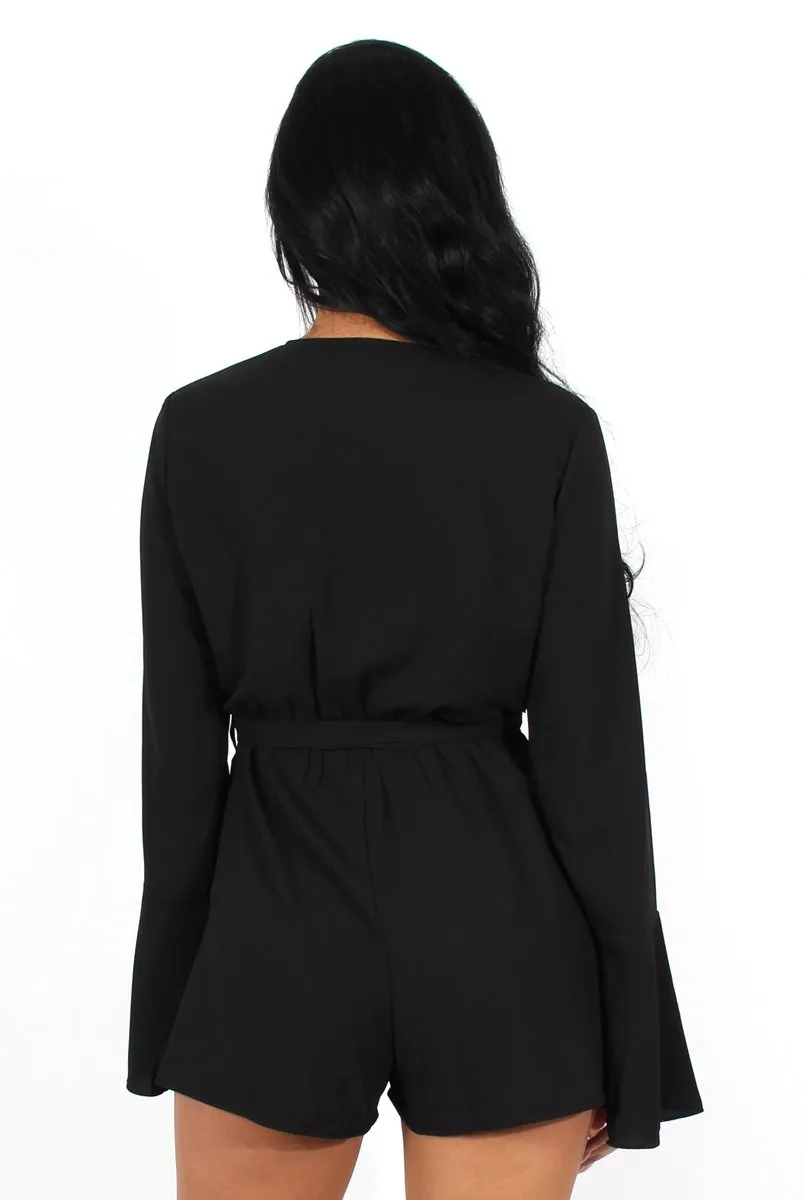 Julia Black Bell Sleeve Tie Waist Playsuit