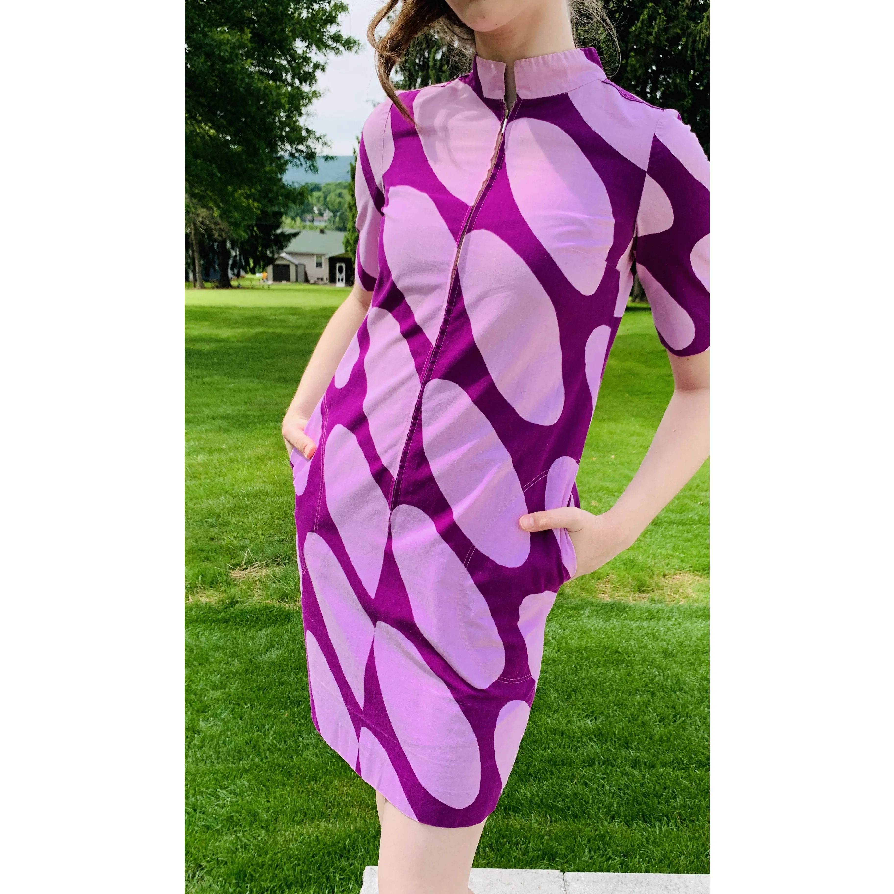 Marimekko ”Linssi” by Kaarina Kellomäki Vintage1966 Mini Dress 34 S Purple Pink Polka Dot