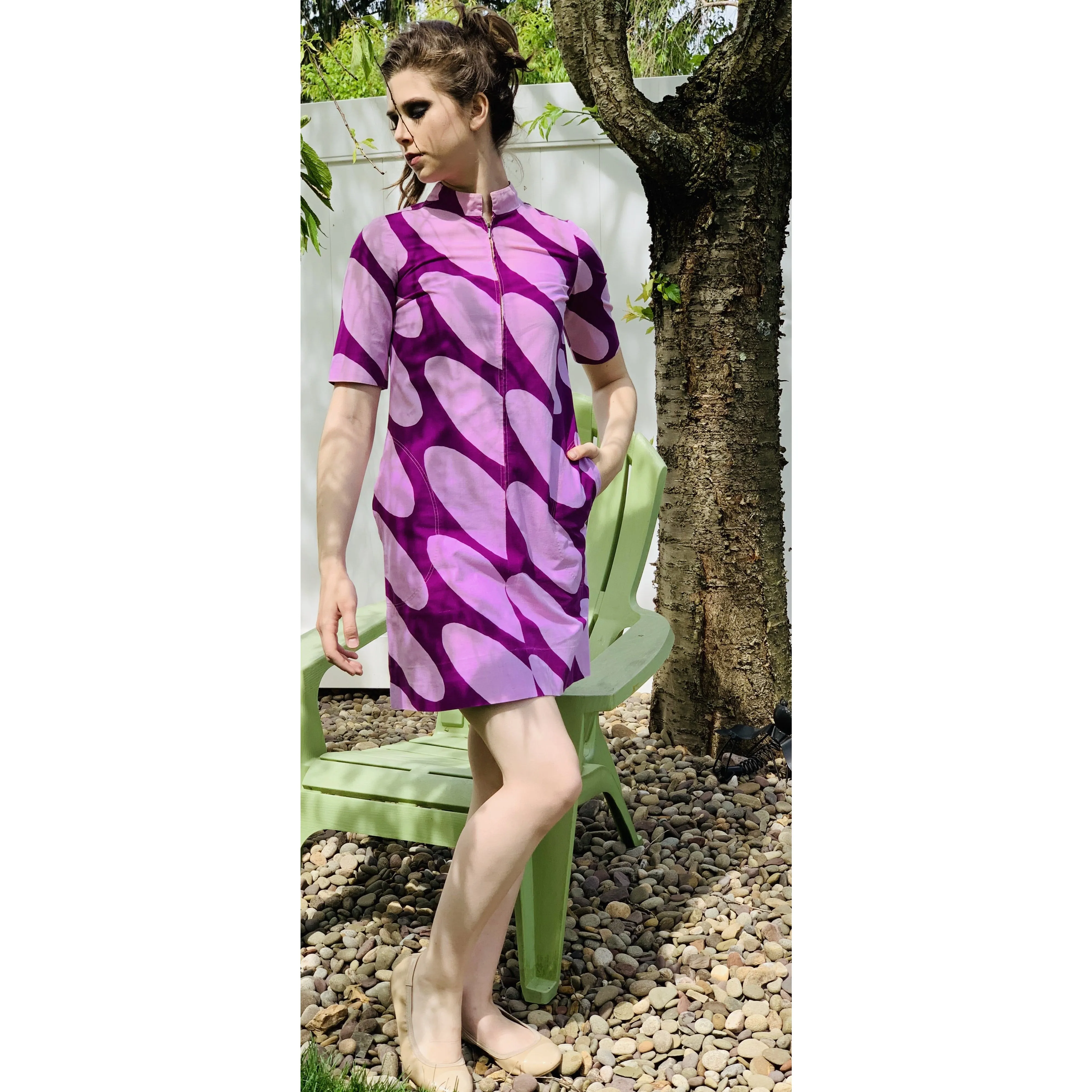 Marimekko ”Linssi” by Kaarina Kellomäki Vintage1966 Mini Dress 34 S Purple Pink Polka Dot