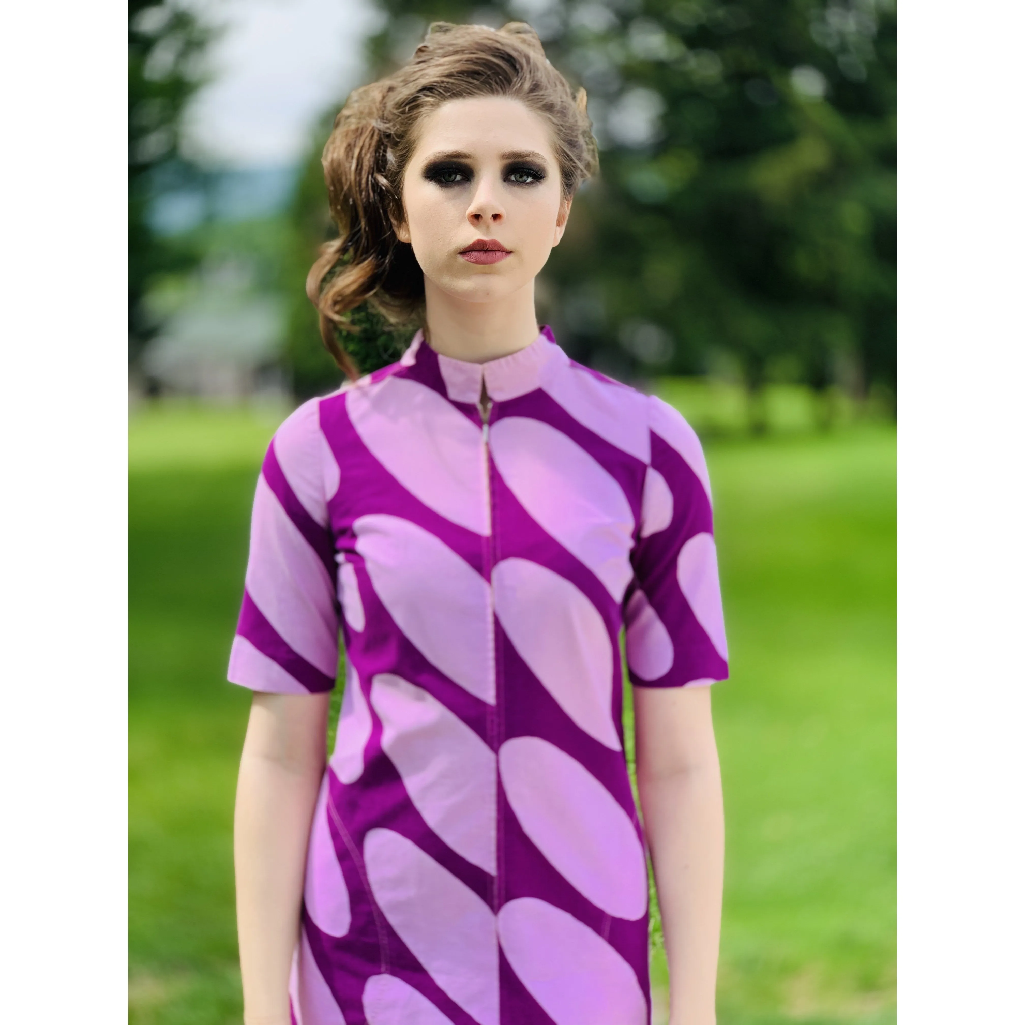 Marimekko ”Linssi” by Kaarina Kellomäki Vintage1966 Mini Dress 34 S Purple Pink Polka Dot